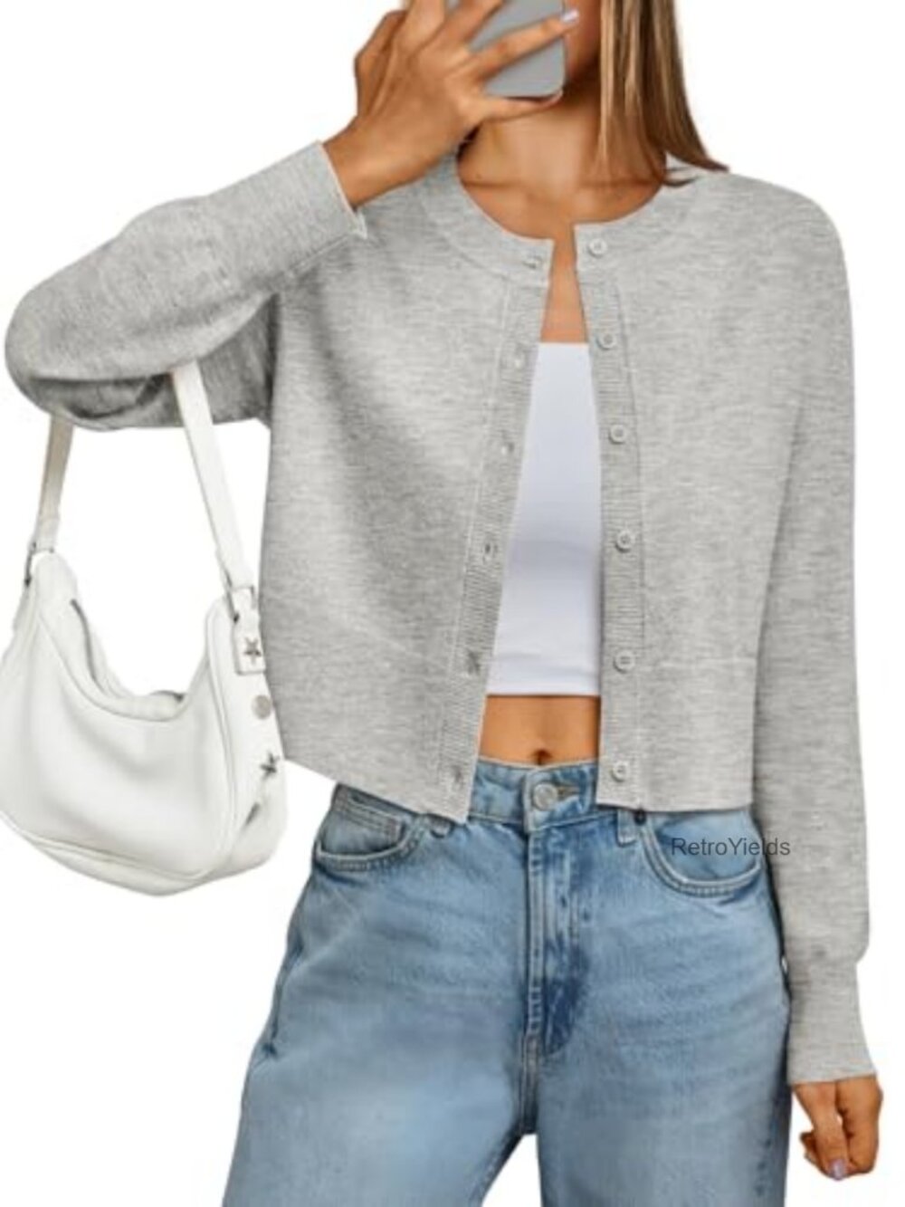 Cropped Lightweight Cardigan Sweater Long Sleeve Crew Neck Button Knit